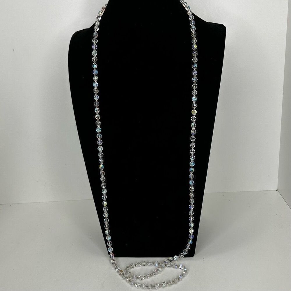 Vtg AB Aurora Borealis Beaded Necklace 48" Clear Single Strand Faceted Beads - Picture 3 of 8